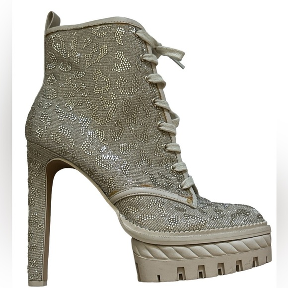 Gianni Bini Halland Glitzy Embellish Leopard Platform high Heels lace up Booties - Picture 5 of 12